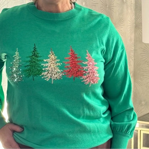 Vine & Love Green Sweater with Colorful Tree Embellishments - Picture 3 of 3